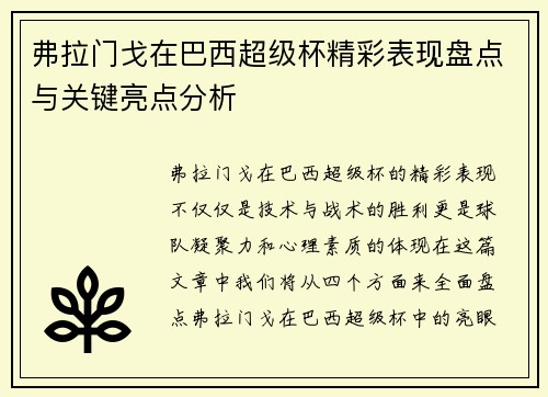 弗拉门戈在巴西超级杯精彩表现盘点与关键亮点分析